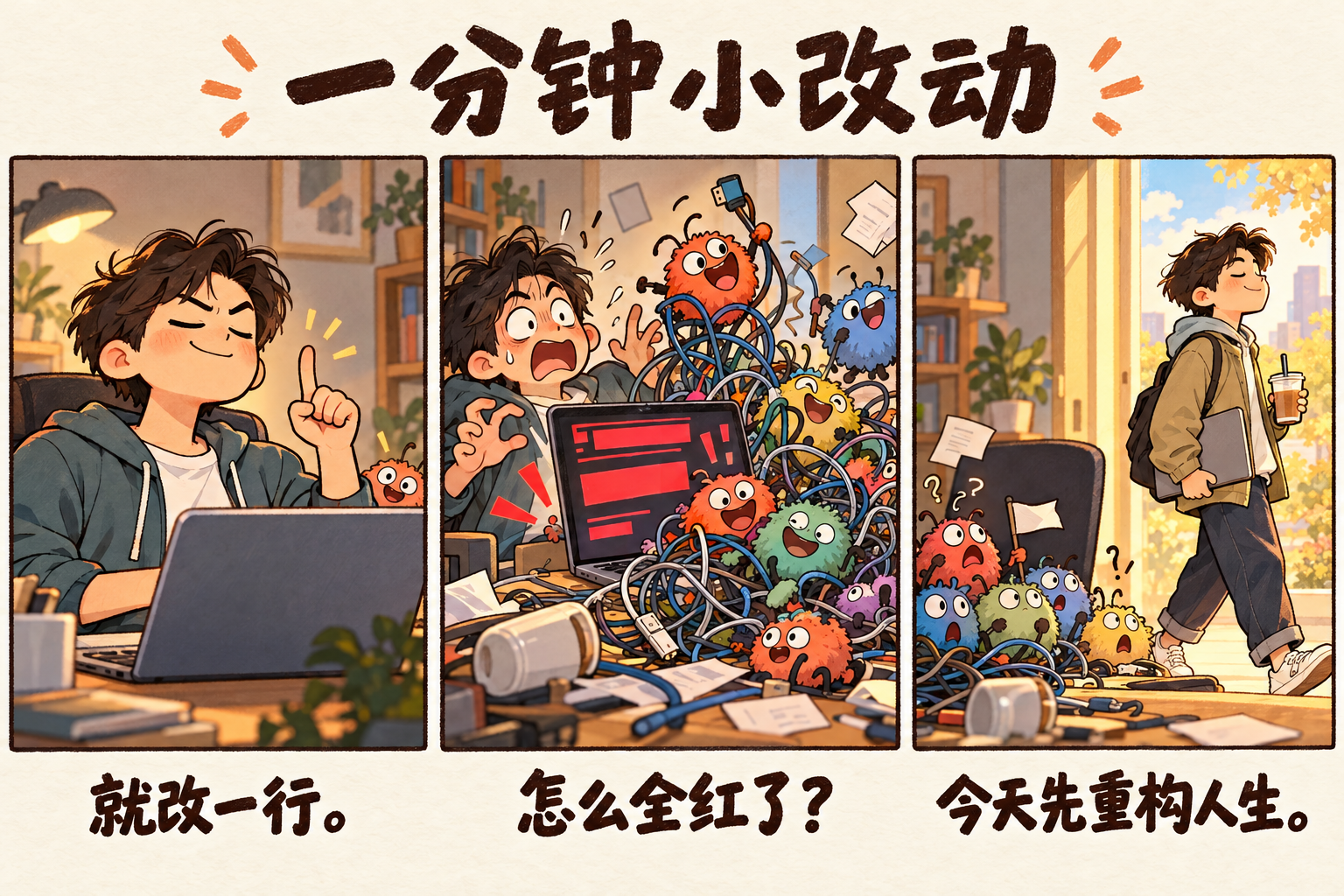 三格漫画:就改一行,怎么全红了,今天先重构人生 三格漫画:就改一行,怎么全红了,今天先重构人生
