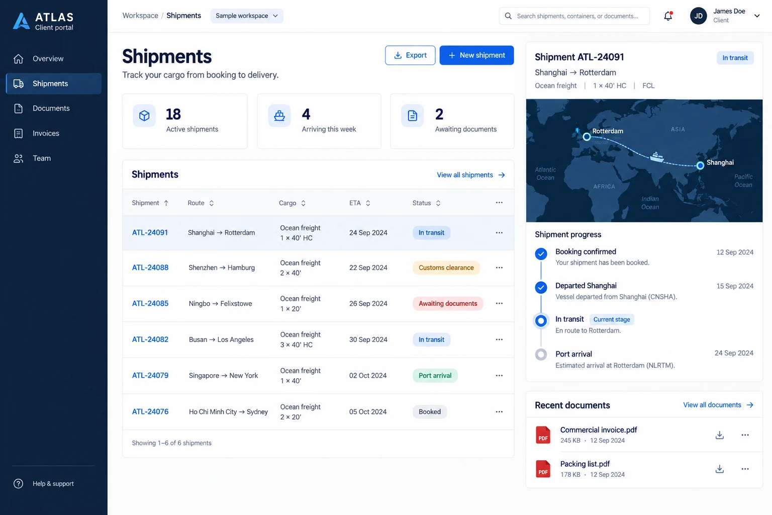 Atlas — Freight forwarding client portal