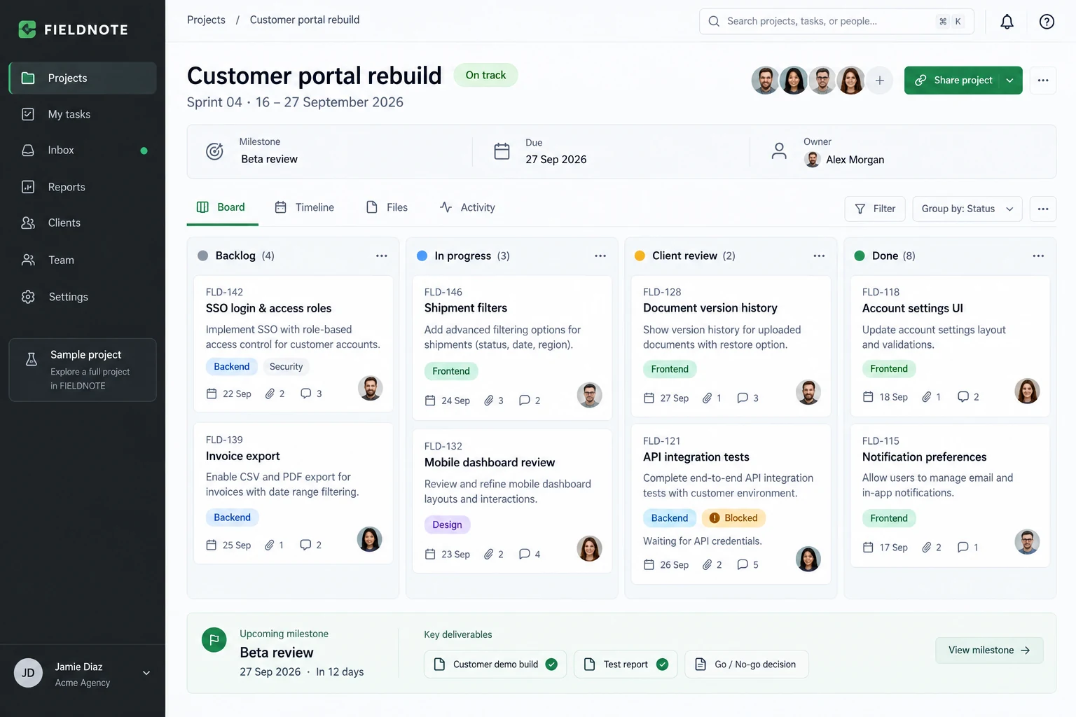 Fieldnote — Software delivery workspace · Illustrative interface