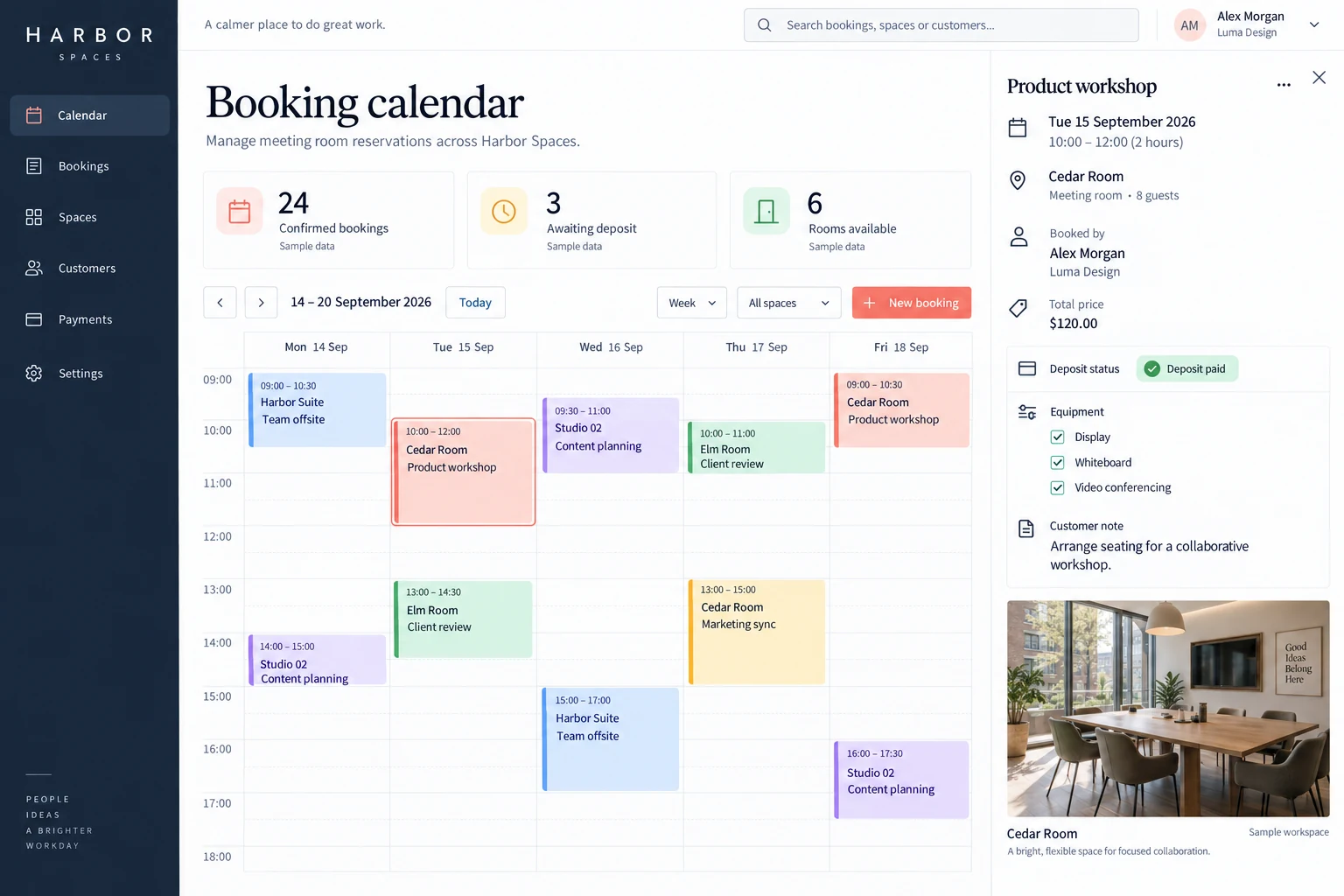 Harbor — Coworking space booking manager · Illustrative interface