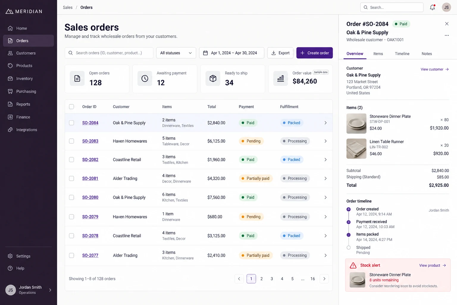 Meridian — Wholesale orders & inventory