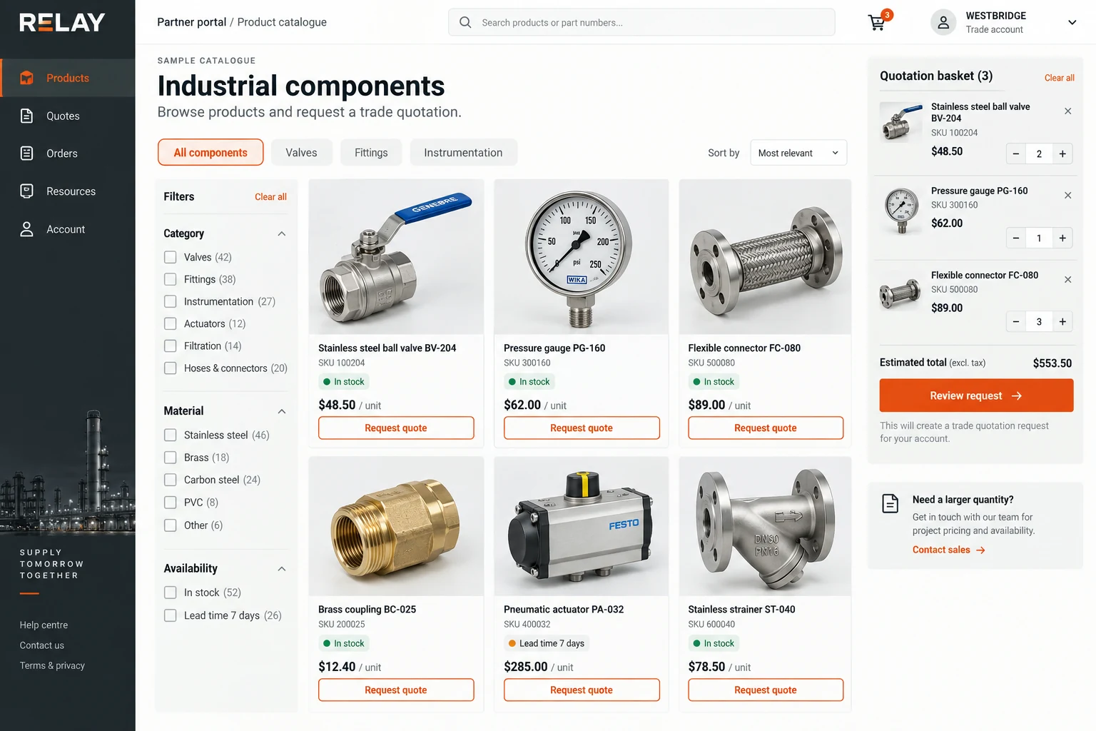 Relay — Industrial procurement portal · Illustrative interface